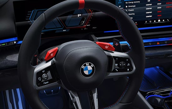 Close-up view of BMW M5 Touring steering wheel. | BMW of Madison in Madison WI