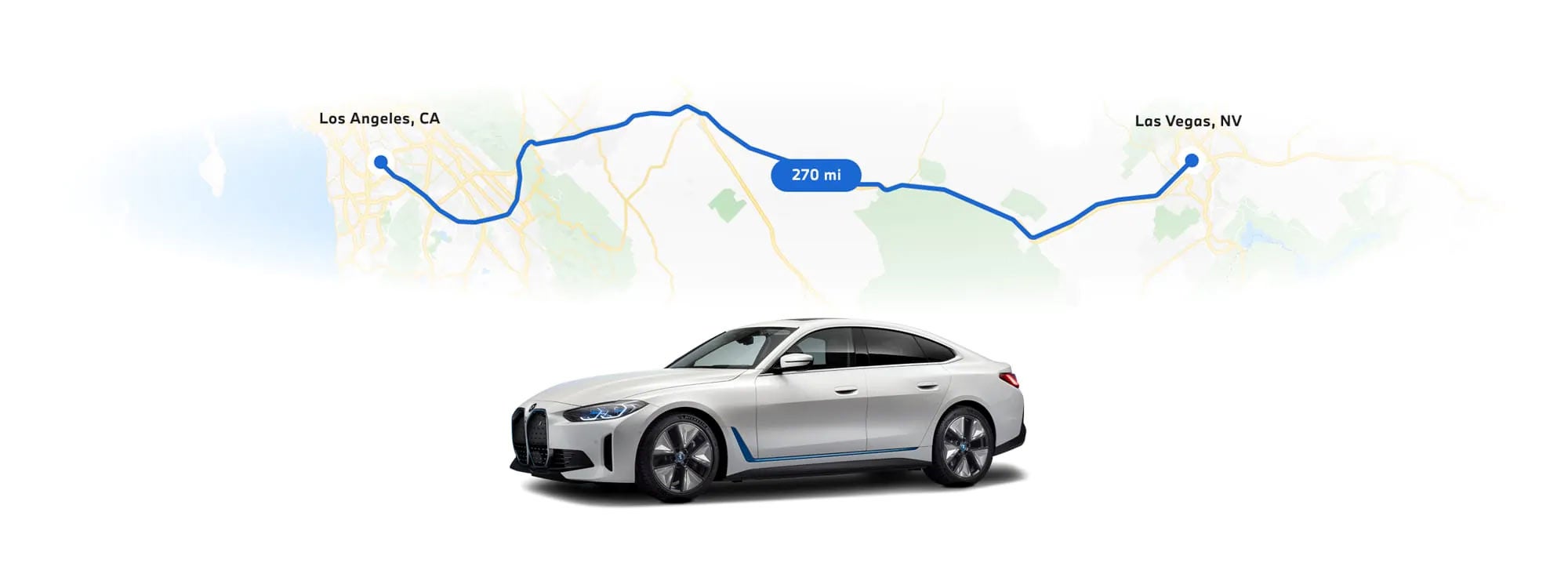 BMW i4 electric vehicle in front of a map with two destinations highlighted to indicate the range capabilities | BMW of Madison in Madison WI